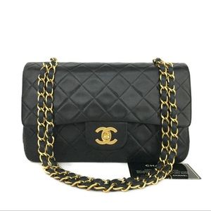 CHANEL Classic Double Flap CC Logo Lambskin Leather / 24k Gold Chain Bag + Card